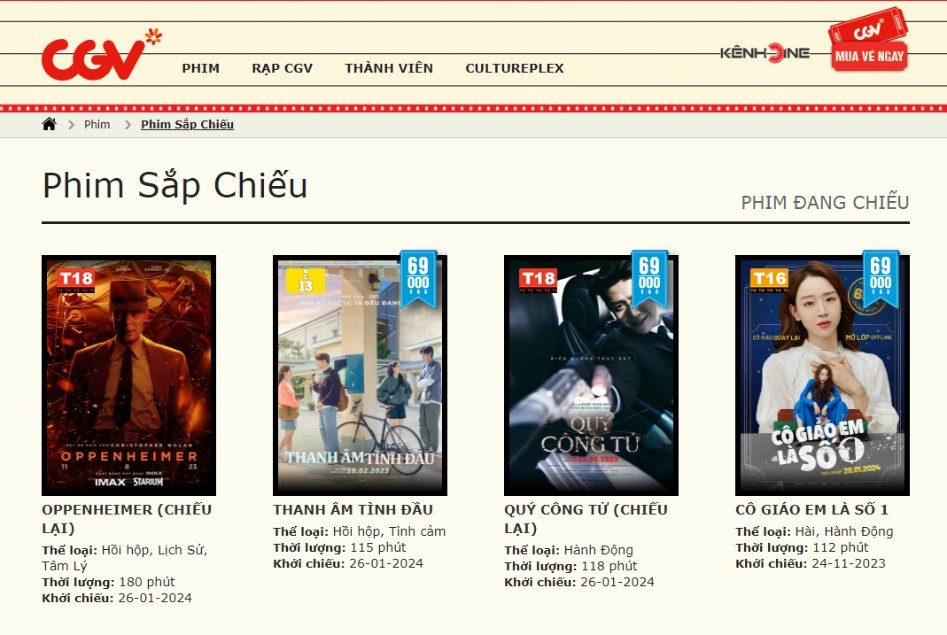 CGV đang lên lịch chiếu lại hàng loạt phim của năm 2023. Ảnh: Website CGV